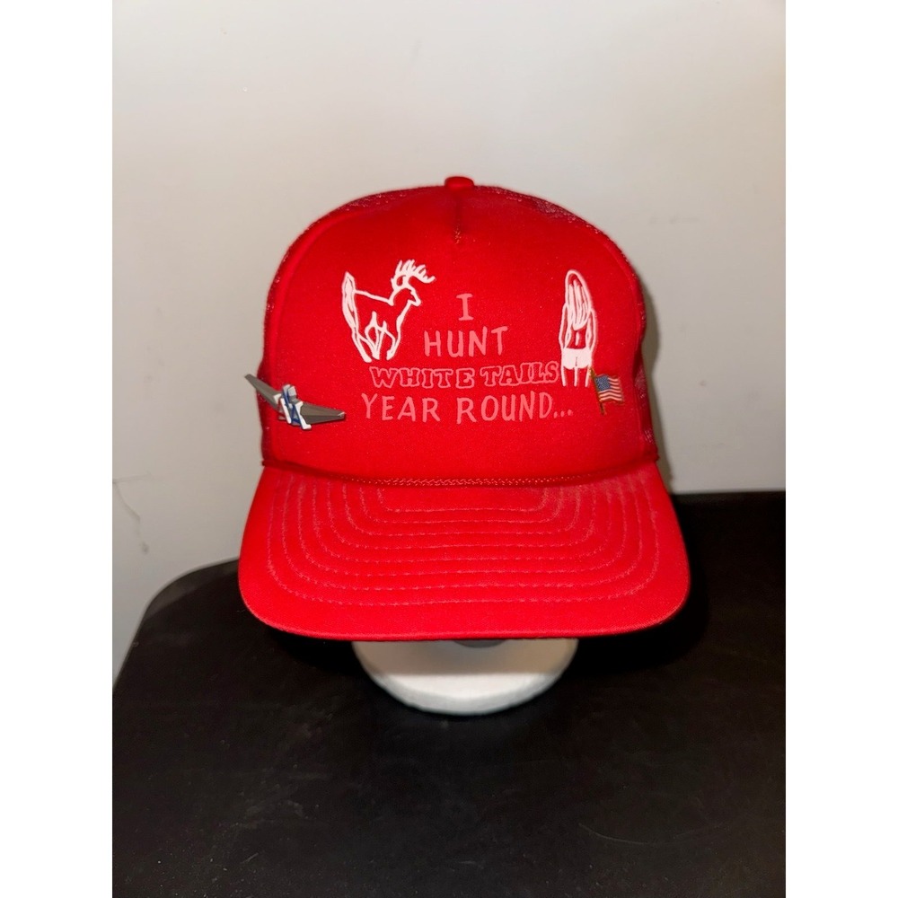 Vintage 80's "I Hunt White Tails All Year Round" Hunting Snapback Trucker Hat